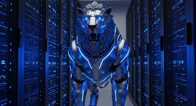 A majestic mechanical lion king with glowing blue circuits stands in a futuristic server room