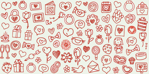 Naklejka premium Love themed doodles and icons hand drawn vector illustration on a pale background