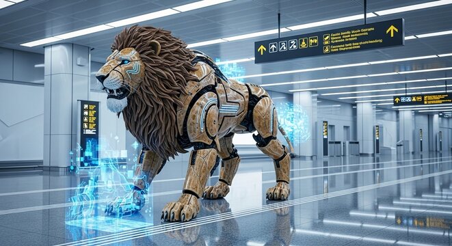Futuristic Mechanical Lion Robot with Digital Energy in a Modern Setting