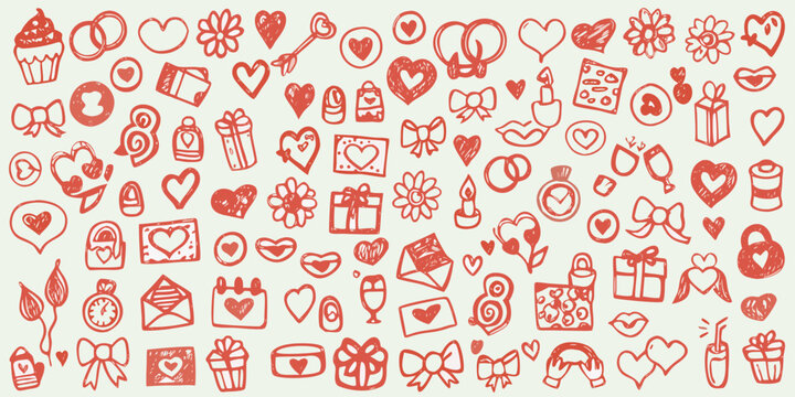 Love themed doodles and floral ornaments red sketch style pattern