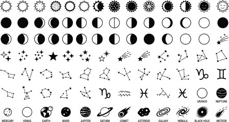Celestial Icons with Sun Moons Phases Constellations Planets Comets Galaxies © Angel
