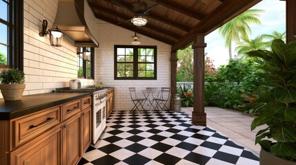 Fototapeta premium Outdoor kitchen with black-and-white tiles, wooden cabinets, and a lush tropical backdrop