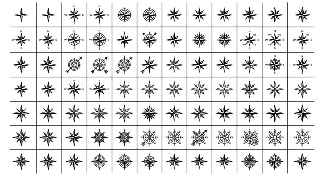 Vintage nautical compass rose icons set, black line art wind rose symbols on white background, collection of 84 antique map navigation elements