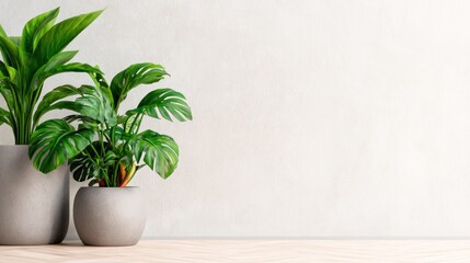 Fototapeta premium Two lush green potted plants in minimalist grey pots against a plain white wall background