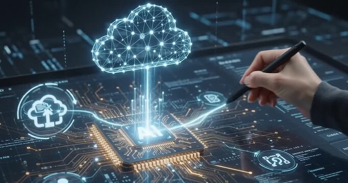 Cloud computing artificial intelligence data center network cybersecurity automation digital transformation workflow optimization processor, AI microchip circuit, touchscreen dashboard, neural