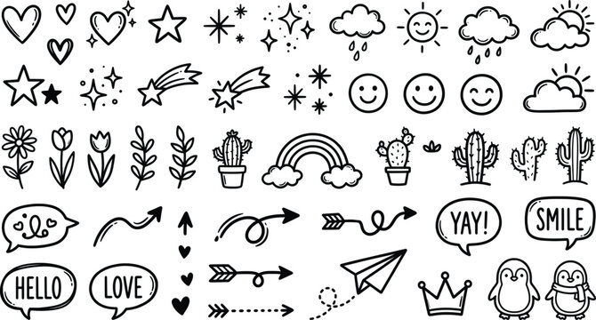 Hand drawn doodle icon set, black ink sketch elements for bullet journal, cute decorative vector graphics for scrapbooking and planners