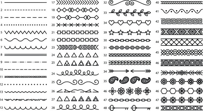 Decorative divider line set, 60 black vector borders and ornaments, geometric and floral pattern brushes for page decoration and invitations