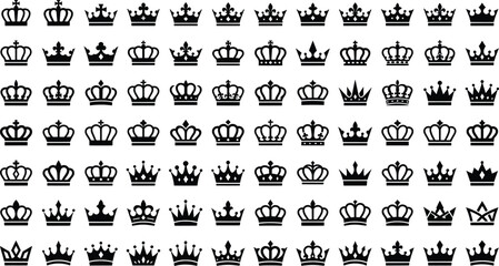 Royal crown icons set, 84 black heraldic tiara silhouettes, king and queen headwear vector collection, elegant monarch jewelry symbols © Angel