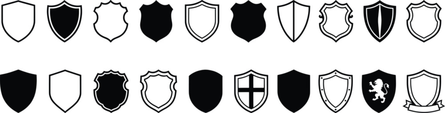 Heraldic shield icons set, 22 black and white vector coat of arms silhouettes, medieval security emblems for logo design and branding