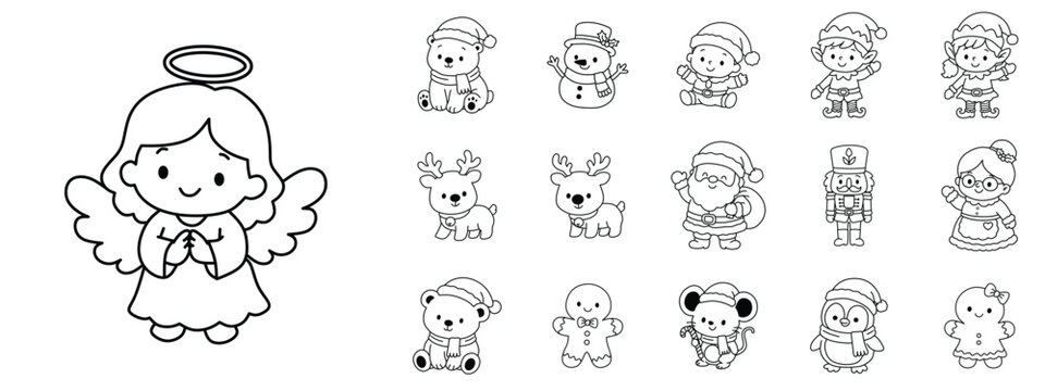 Collection of cute Christmas characters in black and white outline style for coloring activities. Features Santa Claus, Mrs. Claus, elves, reindeer, snowman, gingerbread cookies, angel, penguin, mouse