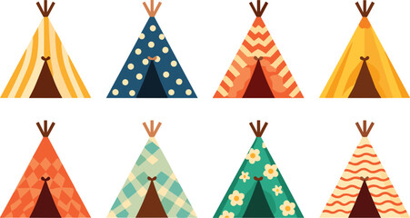 Colorful Teepee Tent Icons Collection with Boho Tribal Patterns for Camping Nursery Kids Adventure and Decorative Design Projects © MstSaleha