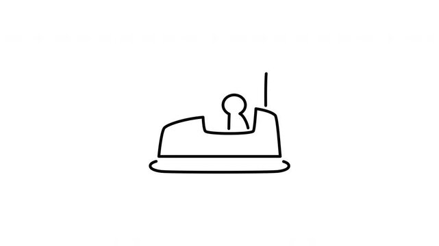 Minimalist outline animation of bumper car icon drawing on and fading out. Includes 3 color variations: black on white, white on black, and white on green screen.