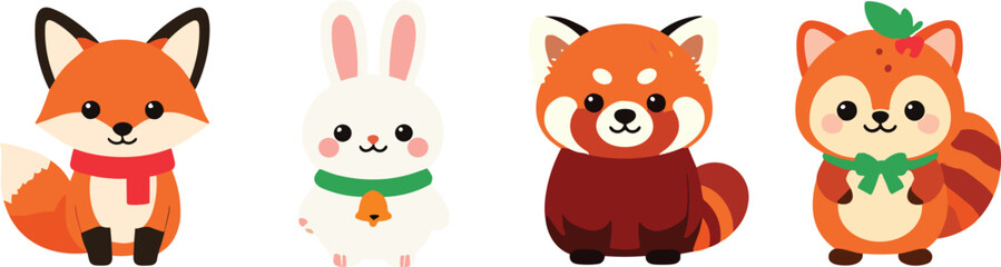 Cute cartoon woodland animals vector sticker set featuring adorable fox rabbit red panda and squirrel isolated on white background © MstSaleha