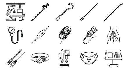 Interventional radiology icons set, 15 medical surgery vector elements, endovascular procedure tools and cardiology equipment line art © Ali