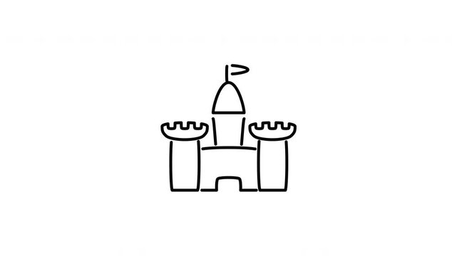Minimalist outline animation of castle icon drawing on and fading out. Includes 3 color variations: black on white, white on black, and white on green screen.