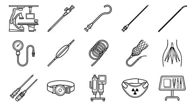 Interventional radiology icons set, 15 medical surgery vector elements, endovascular procedure tools and cardiology equipment line art