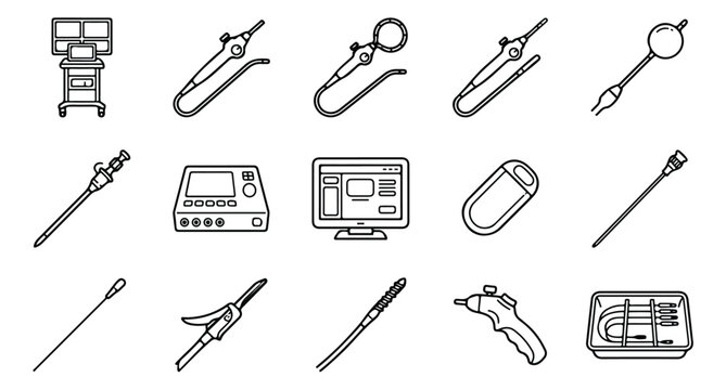 Laparoscopic surgery equipment icons, 15 medical endoscopy vector elements, minimally invasive surgical tools and diagnostic monitor set