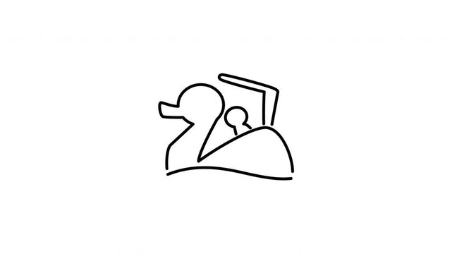 Minimalist outline animation of duck pedal boat icon drawing on and fading out. Includes 3 color variations: black on white, white on black, and white on green screen.