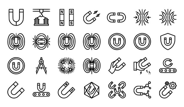 Minimal Magnet Line Icon Pack Magnetic Force Vector Symbols on White Background