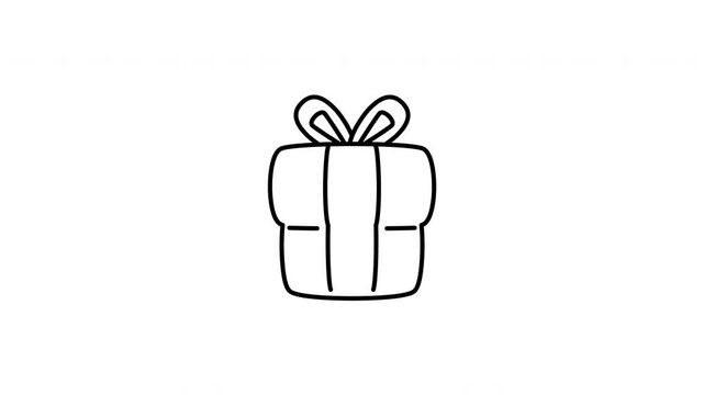 Minimalist outline animation of gift box icon drawing on and fading out. Includes 3 color variations: black on white, white on black, and white on green screen.