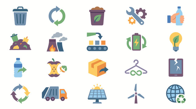 Icons representing recycling and sustainability processes are arranged in a grid to illustrate environmental conservation efforts and waste management practices for modern businesses and eco-friendly.