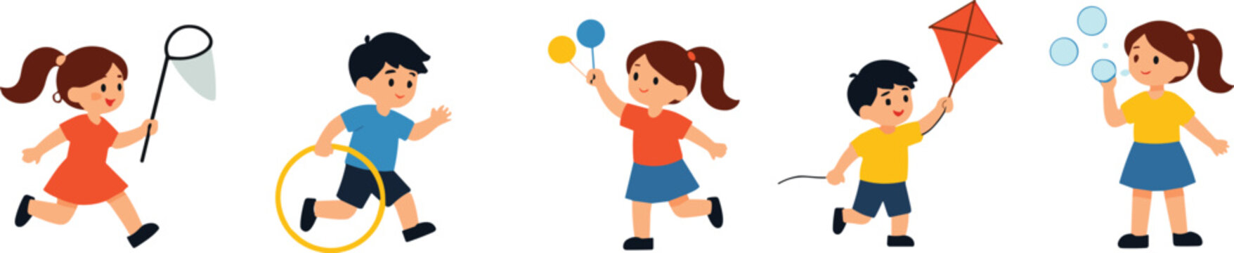 Happy cartoon kids playing vector character set featuring children flying kite blowing bubbles and running isolated on white background