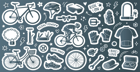 Collection of bicycle-related icons and illustrations on a dark background, perfect for sports and lifestyle themes. © Riki