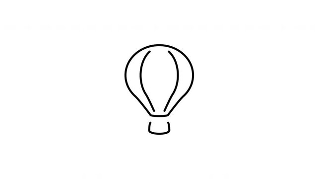 Minimalist outline animation of hot air balloon icon drawing on and fading out. Includes 3 color variations: black on white, white on black, and white on green screen.