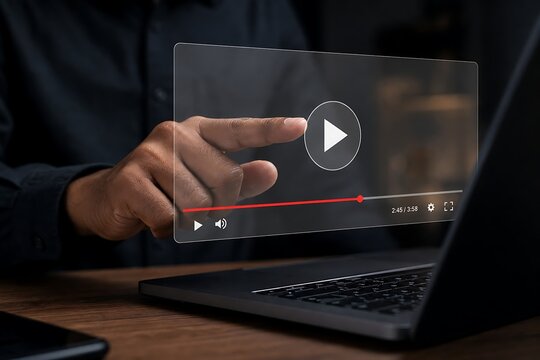 Businessman touching play button on digital video interface on laptop screen