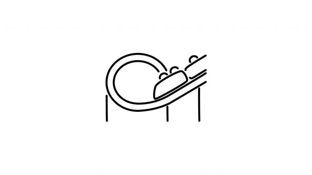 Minimalist outline animation of roller coaster icon drawing on and fading out. Includes 3 color variations: black on white, white on black, and white on green screen.
