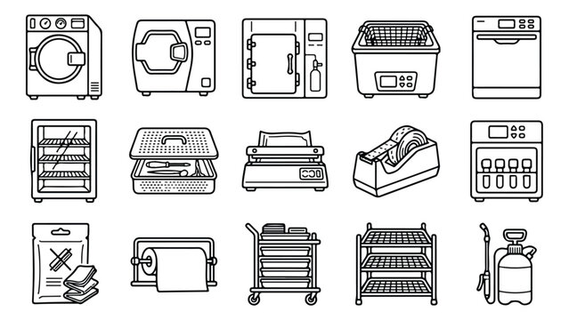 Medical sterilization equipment icons, 15 laboratory autoclave and dental disinfection vector set, surgical instrument cleaning tools
