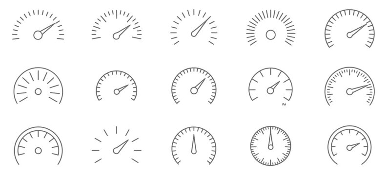 Speedometer gauge icon set, showing dashboard meters, tachometer indicators, editable stroke lines, speed scale, performance meter, automotive interface, and modern vector illustration.