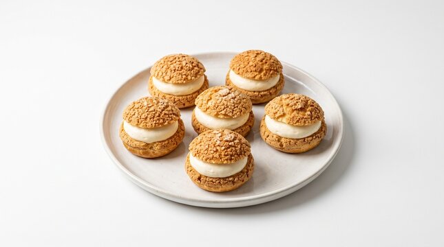 Group of French Choux au Craquelin Pastries Dusted with Powdered Sugar on a Plate
