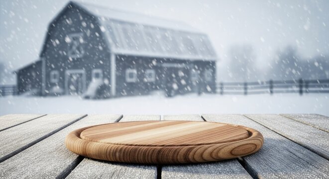 Winter barn scene with wooden display platform for product placement