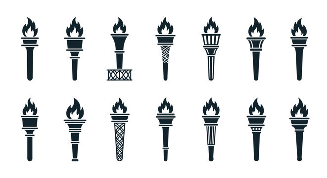 Set of various black silhouette torch icons with burning flames for historical illumination and olympic competition symbols.