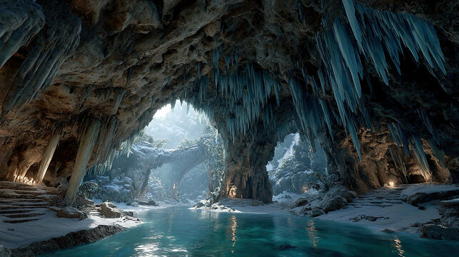 Design AI engines for first-person interactive VR caves generating stalactites underground rivers and luminescent flora dynamically for games cinematic sequences or immersive exploration