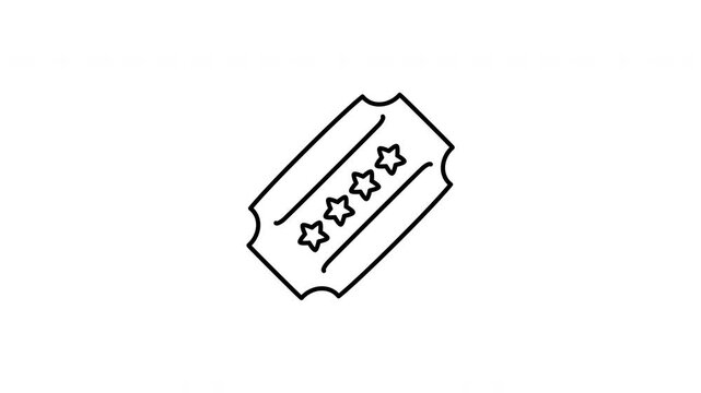 Minimalist outline animation of admission ticket coupon icon drawing on and fading out. Includes 3 color variations: black on white, white on black, and white on green screen.