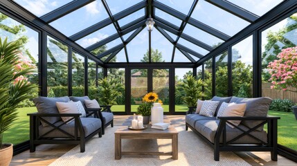 Fototapeta premium Elegant sunroom with glass ceiling, modern furnishings, lush plants, offering natural light