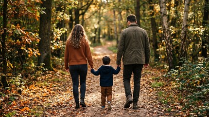 Fototapeta premium Parents holding hands with child walking in autumn forest, Concept of family, love and togetherness, Represents quality time and outdoor lifestyle made by AI generative