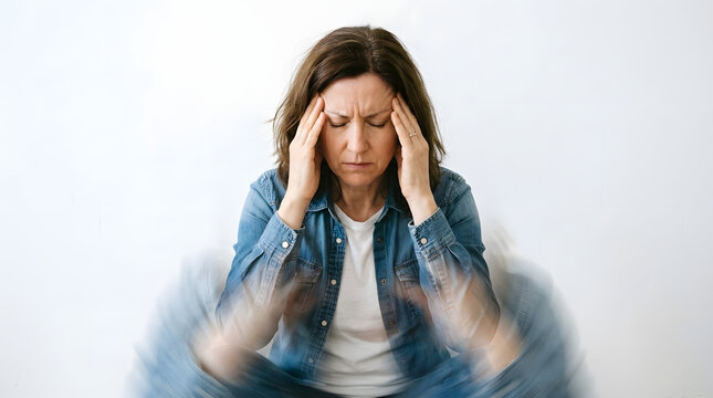 Migraine Pain: A woman experiencing the intense throbbing pain of a migraine, clutching her head with her eyes closed and a look of distress on her face.