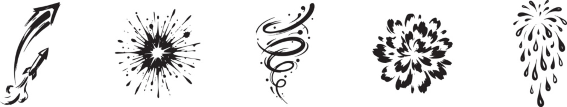 Hand Drawn Black Ink Comic Effect Elements Set with Rocket Launch, Explosion, Swirl, and Splash Isolated on White Background