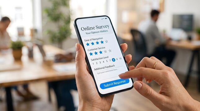Customer satisfaction survey on a mobile phone screen, held by a person's hand, with office background