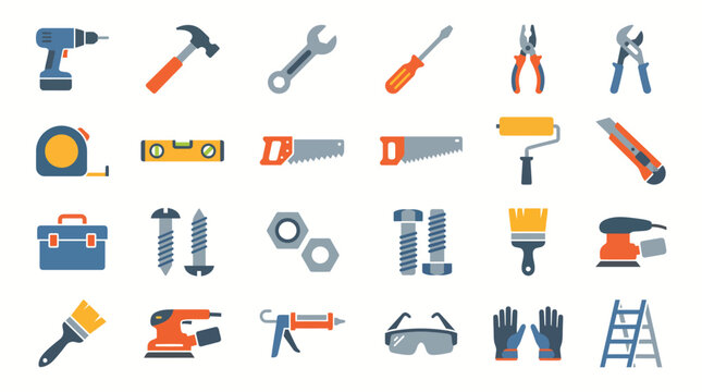 Construction tools and hardware accessories are displayed in a comprehensive set that highlights the essential equipment required for professional home improvement, building, and renovation projects.