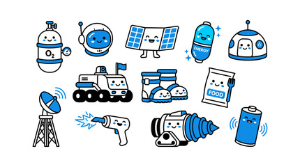 Minimalist collection of cute blue space exploration icons featuring astronauts and scientific research equipment for futuristic cosmic discovery © YENI