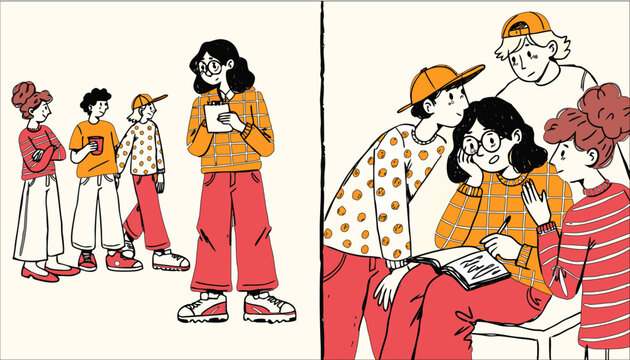 Minimal vector illustration of teenage social exclusion and peer pressure concepts involving worried students and modern character designs