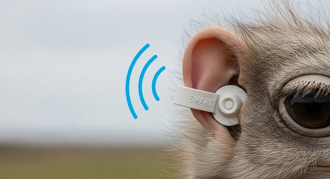 Close up of a smart ear tag device with blue sound waves emanating from it, indicating audio technology for hearing assistance and connection