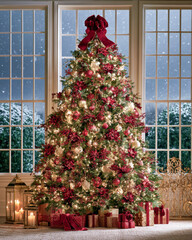 Fototapeta premium Decorated Christmas Tree in Elegant Room with Snowy Windows