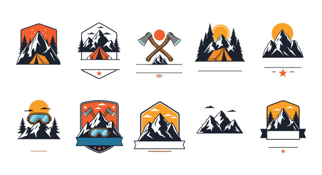 Collection of outdoor adventure and mountain themed labels or logos featuring camping tents axes and goggles icons.
