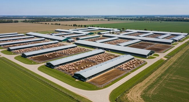 Expansive industrial porker estate farm operation viewed from above with numerous livestock pens and fields