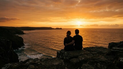 Fototapeta premium A Romantic Couple Embracing at Sunset on a Coastal Cliff Overlooking the Golden Ocean Horizon, Capturing a Moment of Serene Intimacy and Profound Connection with Nature.